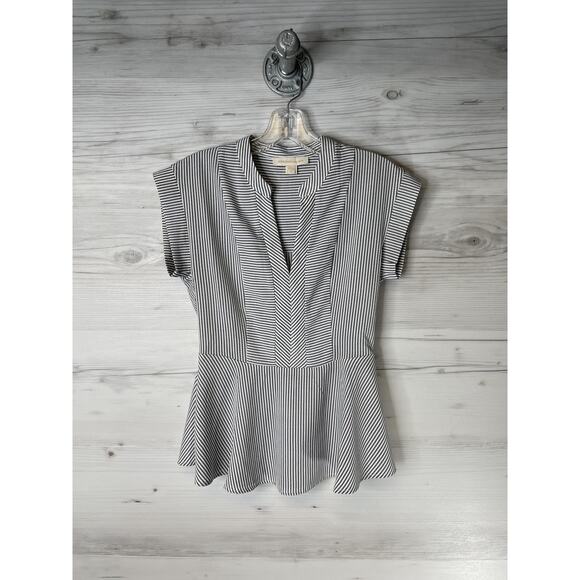 Monteau Los Angeles Shirt Womens Small Black White Striped Peplum V-Neck Casual - Picture 1 of 10
